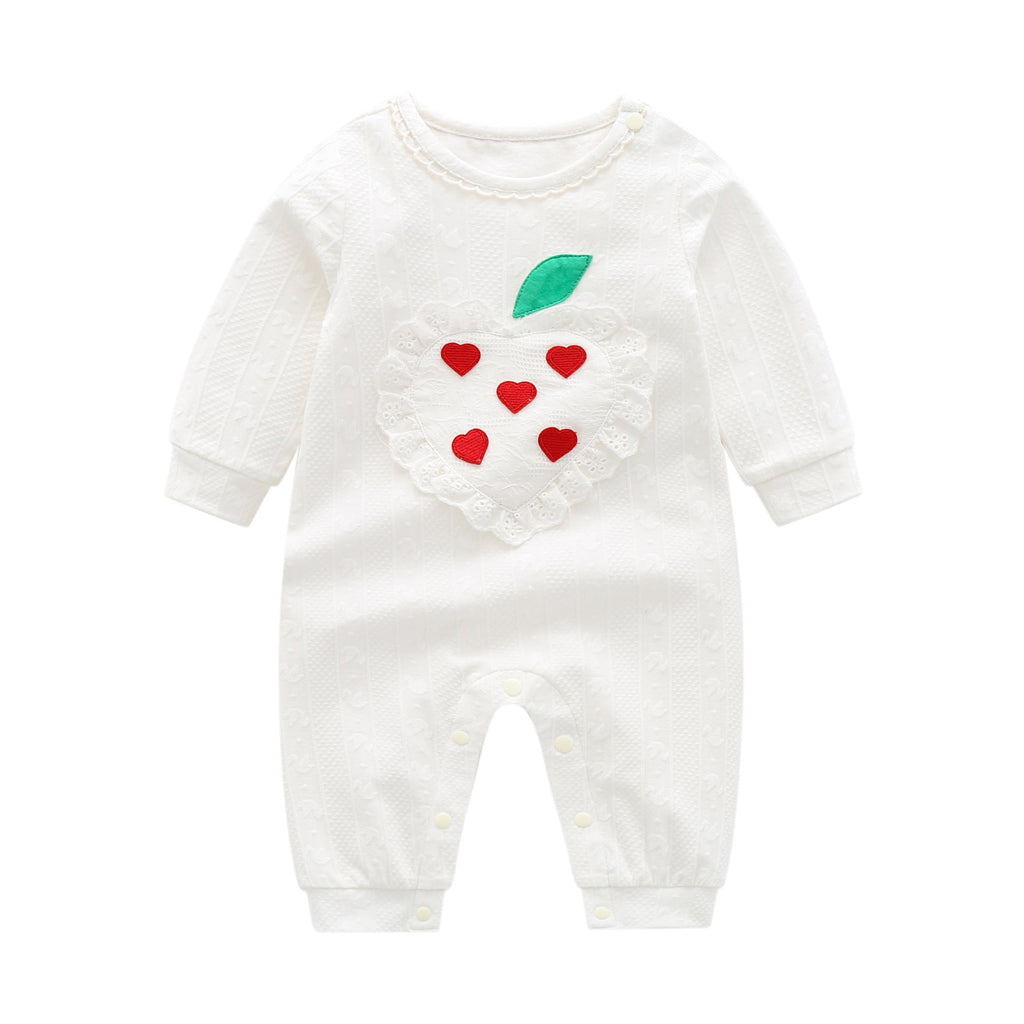 Barboteuse bébé fille unie à manches longues, dentelle et patchwork cœur