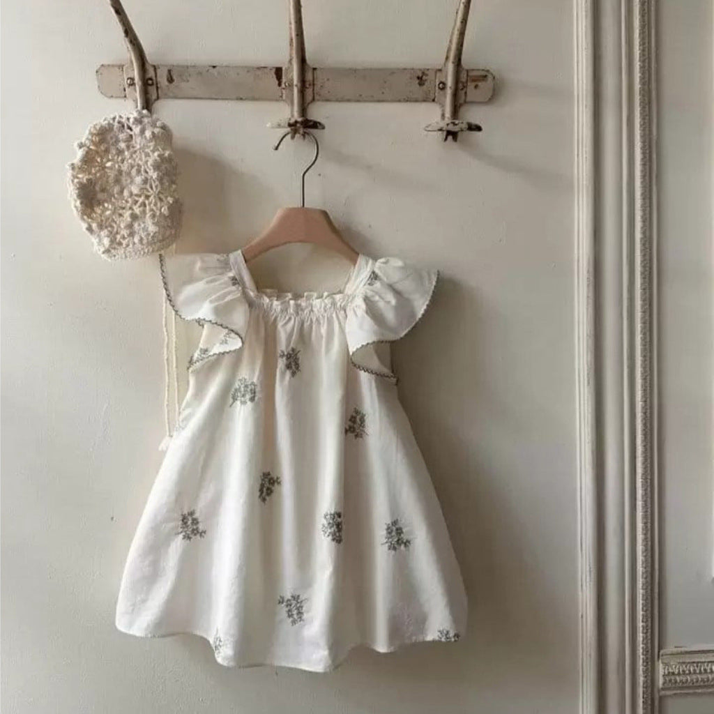 Robe princesse fille été, manches volantées, broderie fleurs