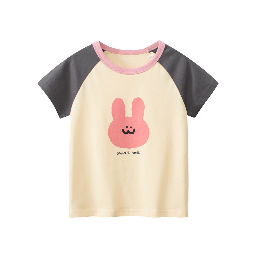 T-shirt patchwork fille été, imprimé lapin sourire