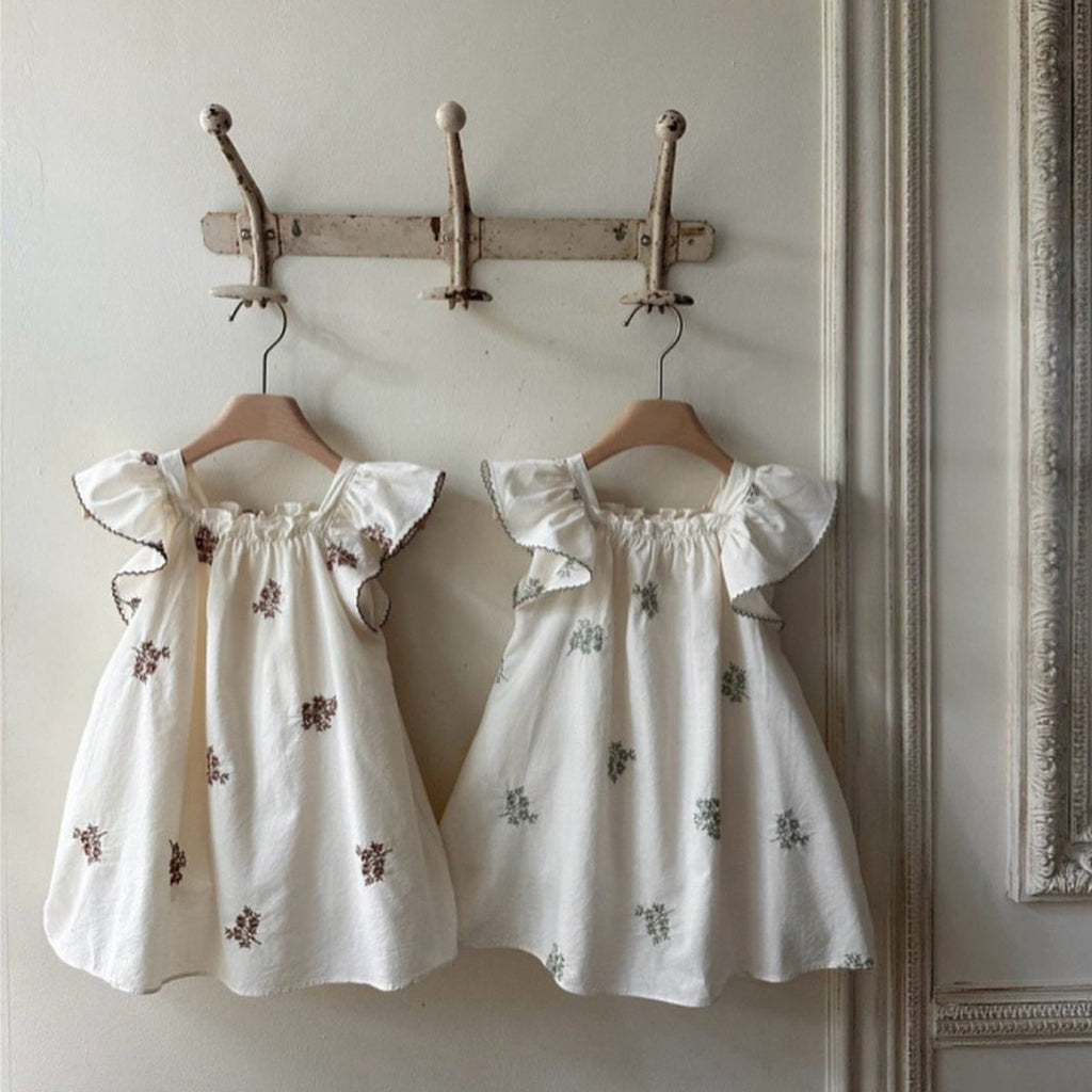 Robe princesse fille été, manches volantées, broderie fleurs