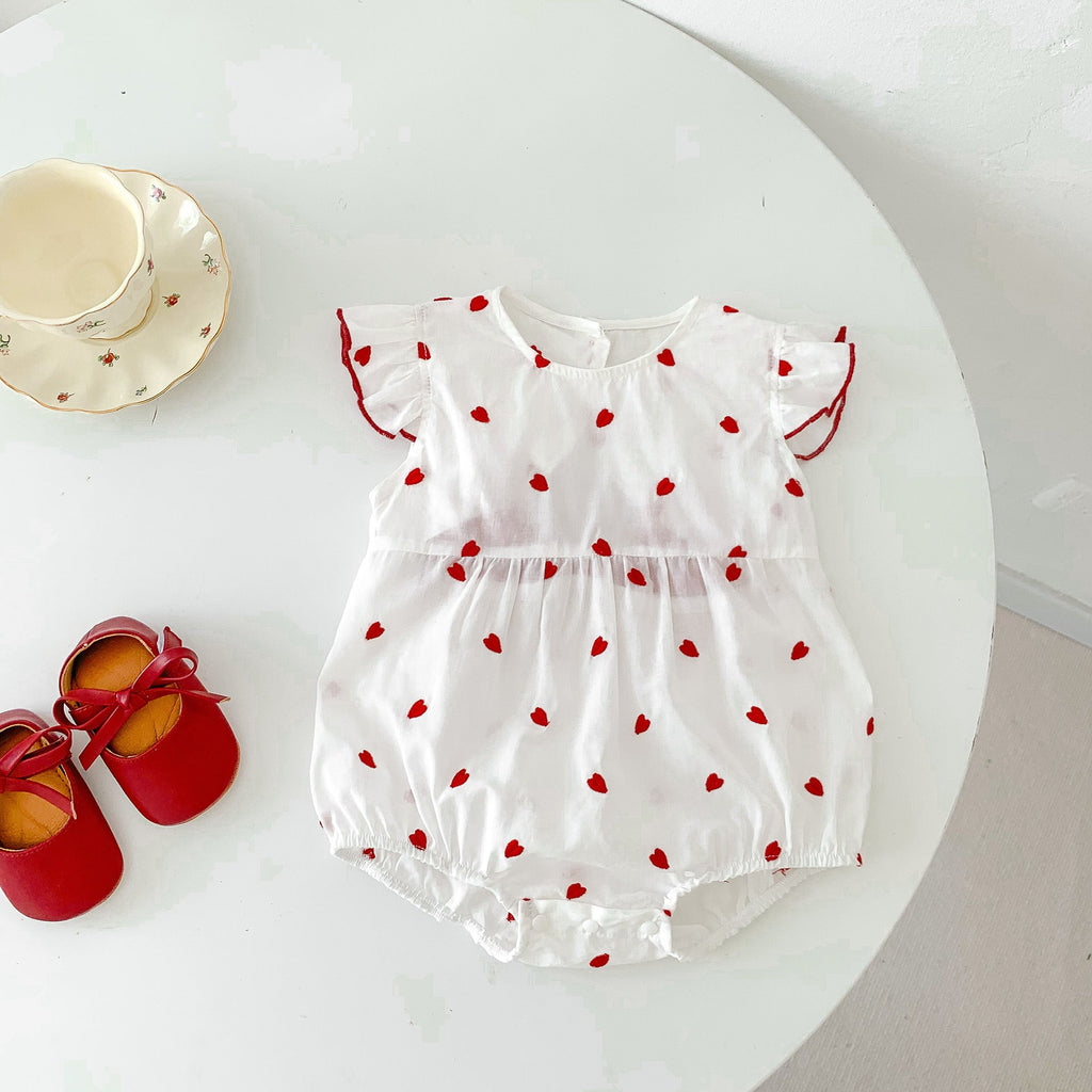 Body été bébé fille, manches volantées, imprimé cœurs rouges